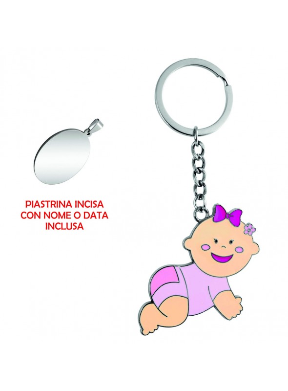 Portachiavi Baby Rosa in metallo cromato, 50x10 mm con piastrina cromata 20x29 mm incisa 5602